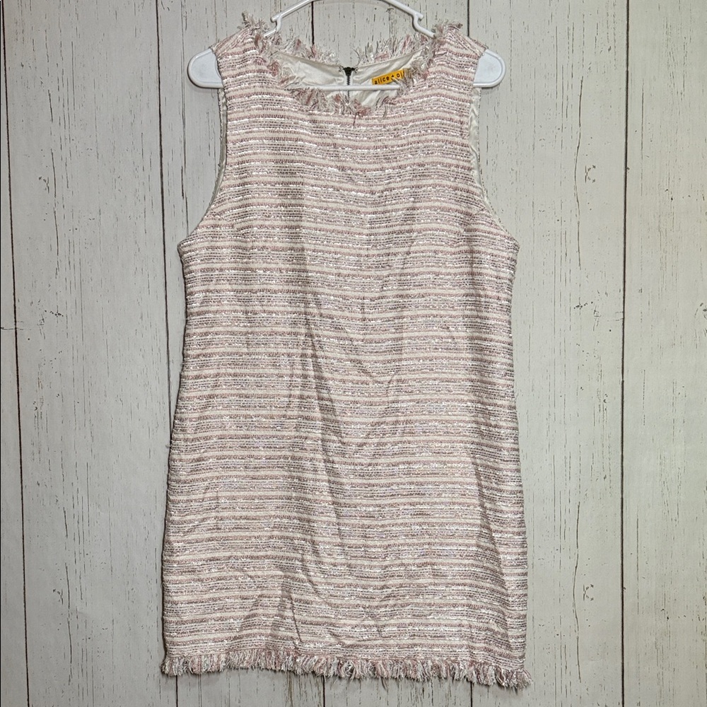 Alice + Olivia Pink White Tweed Striped Sleeveless Metallic Shift Dress Large